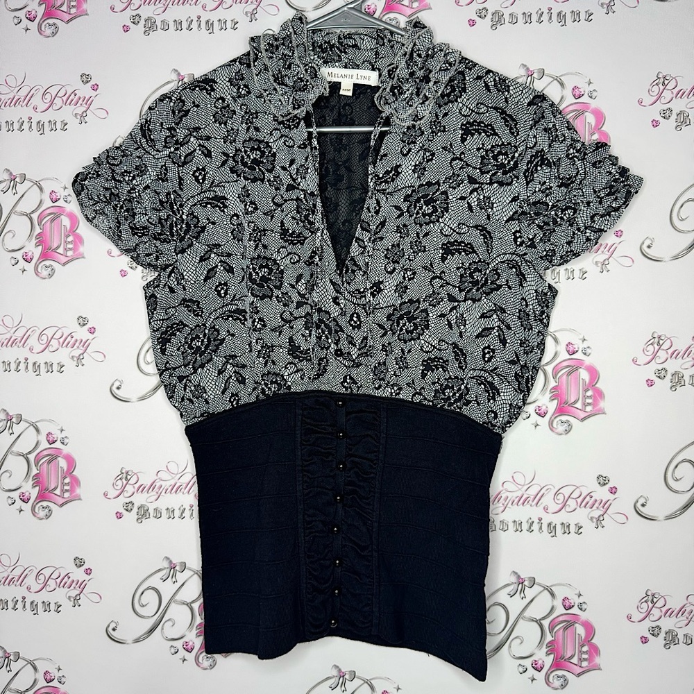 Melanie Lyne top corset bustier style with stretchy bottom and ruffle lace frill